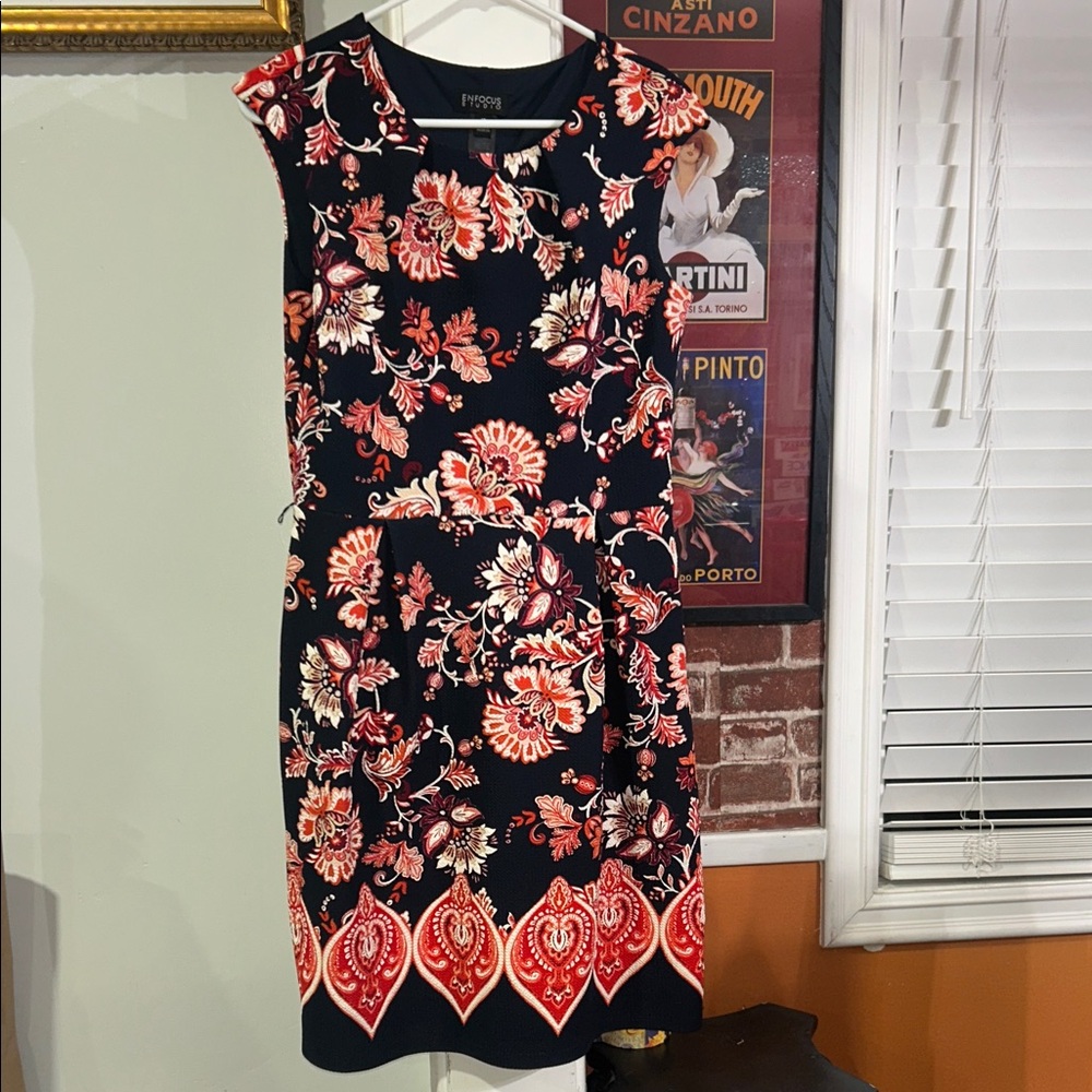 Enfocus Studio Navy Midi Dress with Red and Cream Floral Border